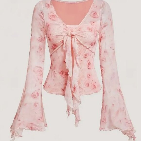****PINK FLORAL PRINT KNOT SHIRT - Picture 2 of 6